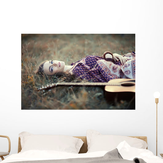 hippie girl guitar Wall Mural