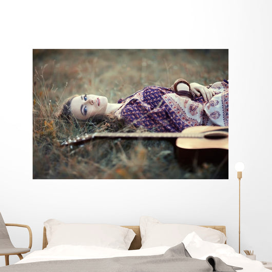 hippie girl guitar Wall Mural