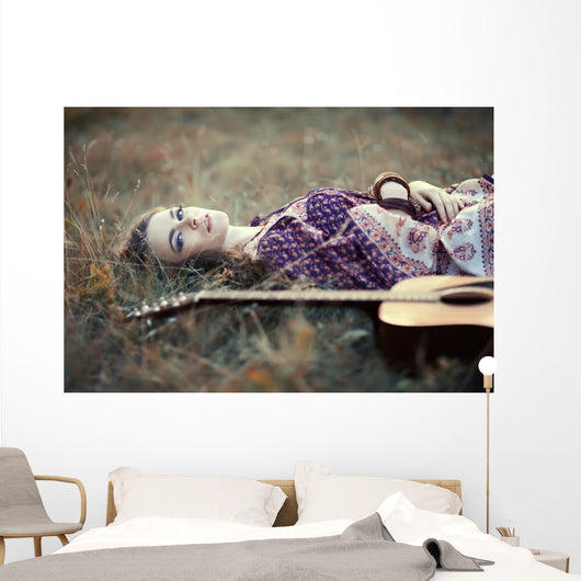 hippie girl guitar Wall Mural