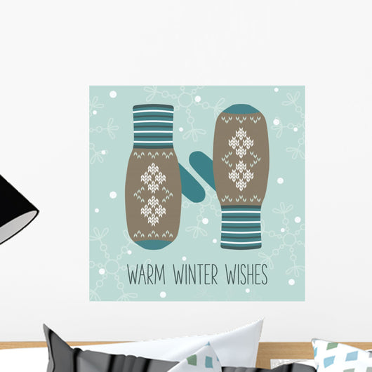 Vintage knitted mittens, Christmas card Wall Mural