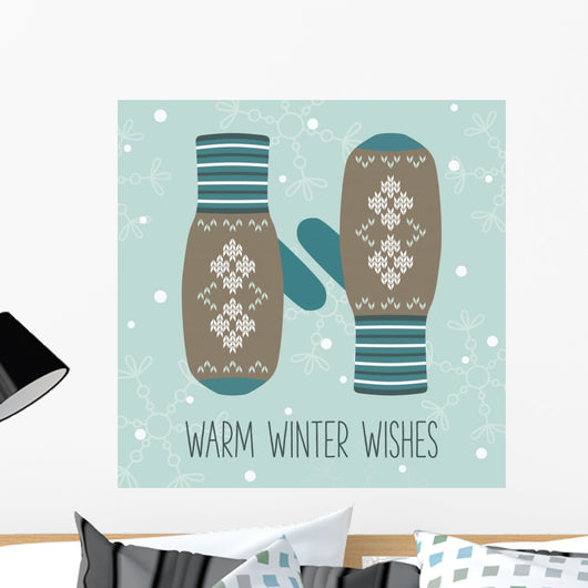 Vintage knitted mittens, Christmas card Wall Mural