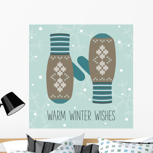 Vintage knitted mittens, Christmas card Wall Mural