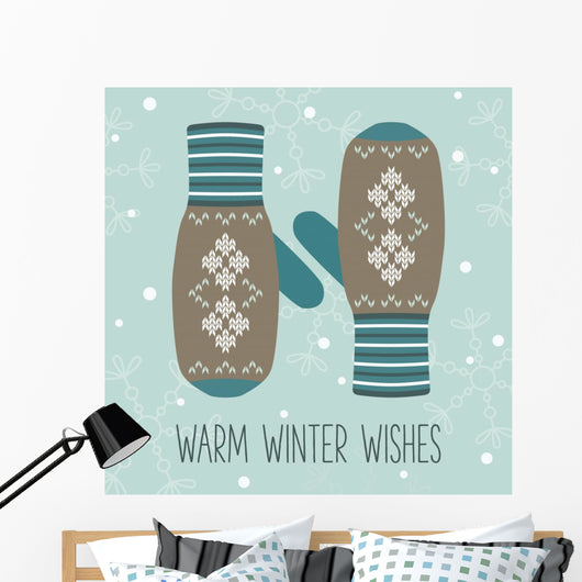 Vintage knitted mittens, Christmas card Wall Mural