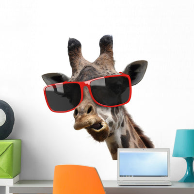Giraffe Hipster Sunglasses Wall Decal shown on a wall
