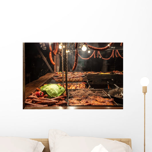 Sausages on grill - street fast-food Wall Mural