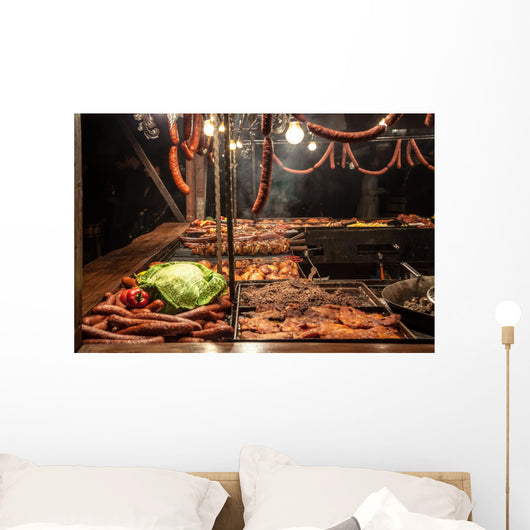 Sausages on grill - street fast-food Wall Mural