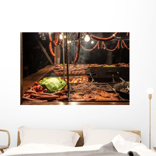 Sausages on grill - street fast-food Wall Mural