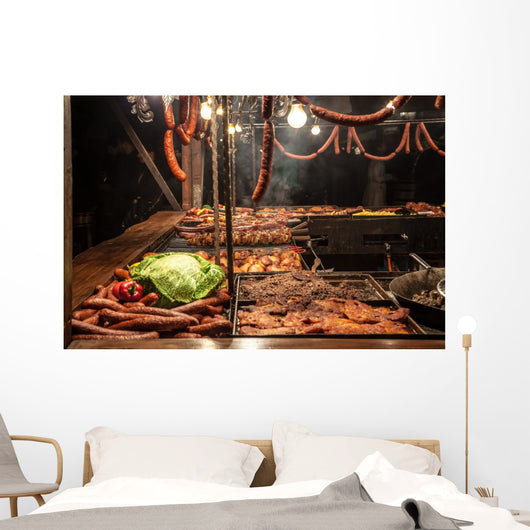 Sausages on grill - street fast-food Wall Mural