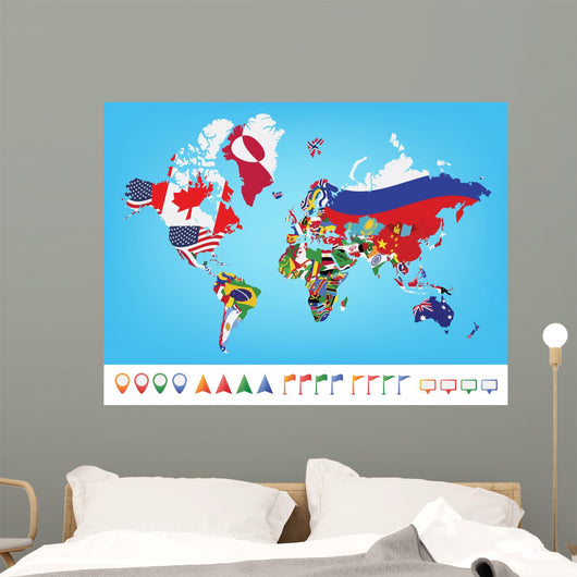 World map with flag Wall Mural