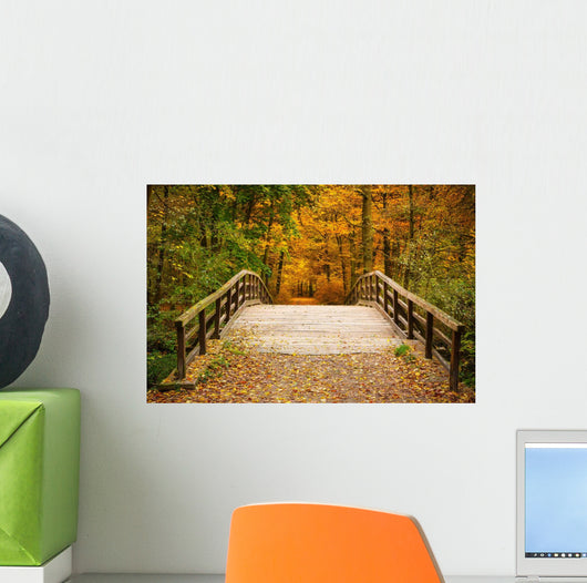 Bridge in autumn forest Wall Mural