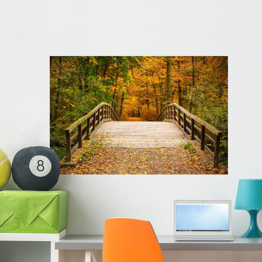 Bridge in autumn forest Wall Mural