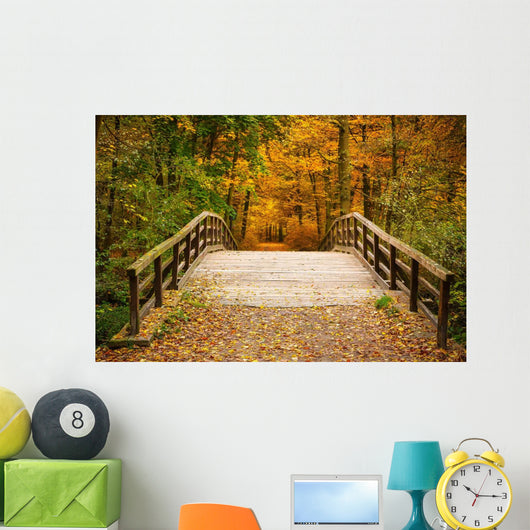 Bridge in autumn forest Wall Mural