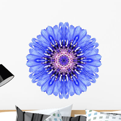 Blue Cornflower Mandala Wall Decal shown on a wall