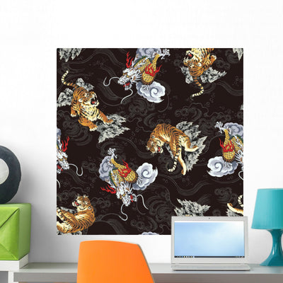 Artistic Chinese Tiger Wall Decal shown on a wall