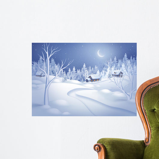winter night landscape illustration, midnight is small village Wall Mural