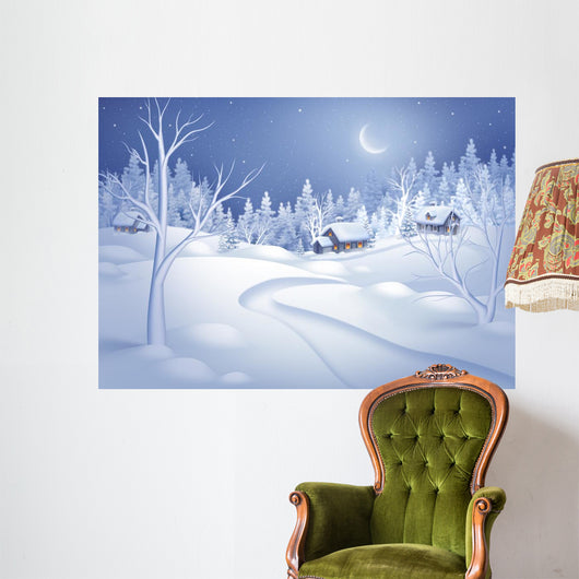 winter night landscape illustration, midnight is small village Wall Mural