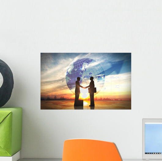 Two business man shake hand silhouettes city with global Wall Mural