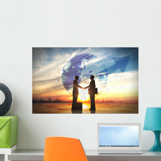 Two business man shake hand silhouettes city with global Wall Mural