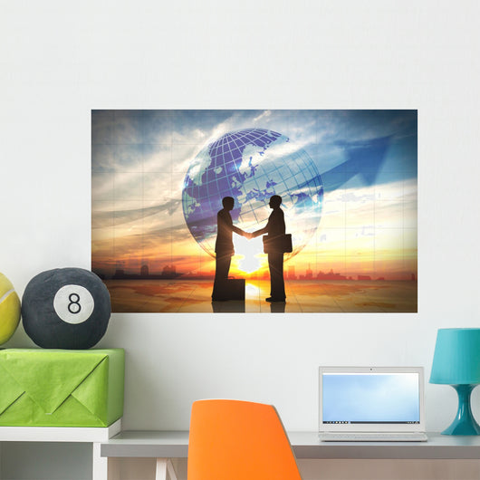 Two business man shake hand silhouettes city with global Wall Mural