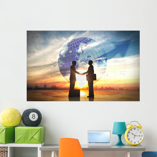 Two business man shake hand silhouettes city with global Wall Mural