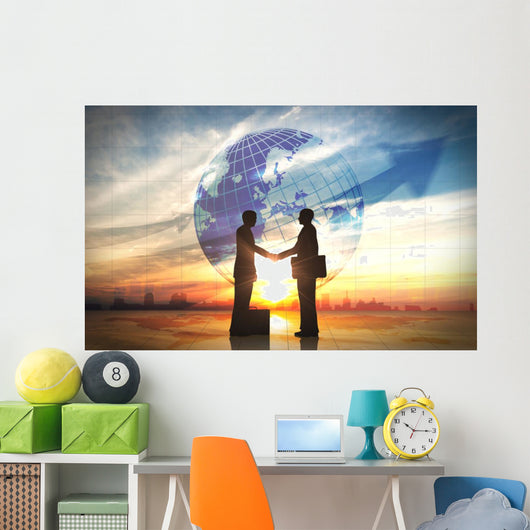 Two business man shake hand silhouettes city with global Wall Mural