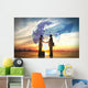 Two business man shake hand silhouettes city with global Wall Mural