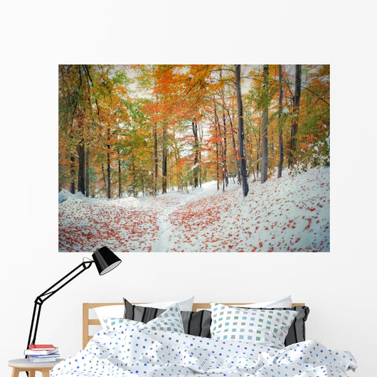 First snow in the mountain forest. Wall Mural