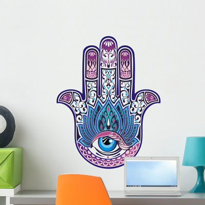 Hamsa Hand With Eye Wall Decal shown on a wall