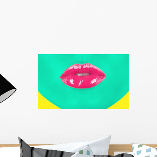 Close-up portrait of girl with green skin and pink lips Wall Mural
