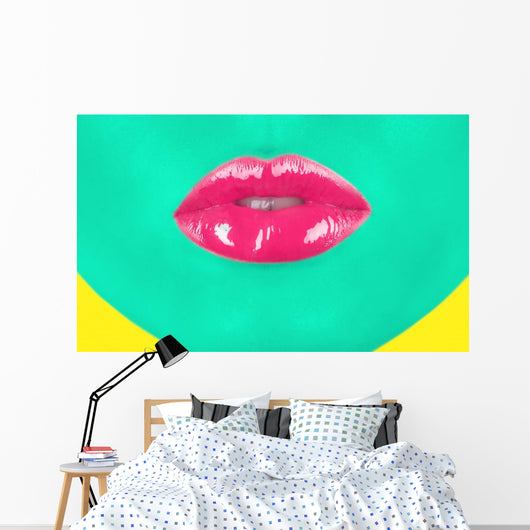 Close-up portrait of girl with green skin and pink lips Wall Mural