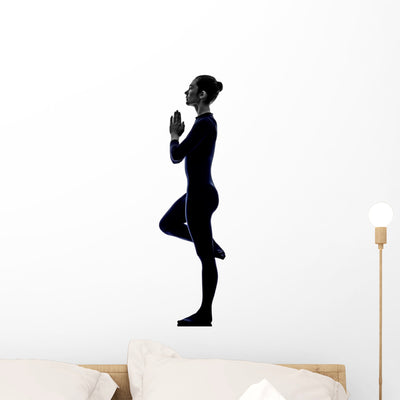 Woman Exercising Vrksasana Tree Pose Yoga Silhouette Wall Decal shown on a wall