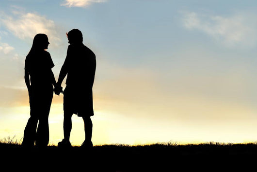Silhouette Of Happy Couple Holding Hands And Talking At Sunset Wall Decal