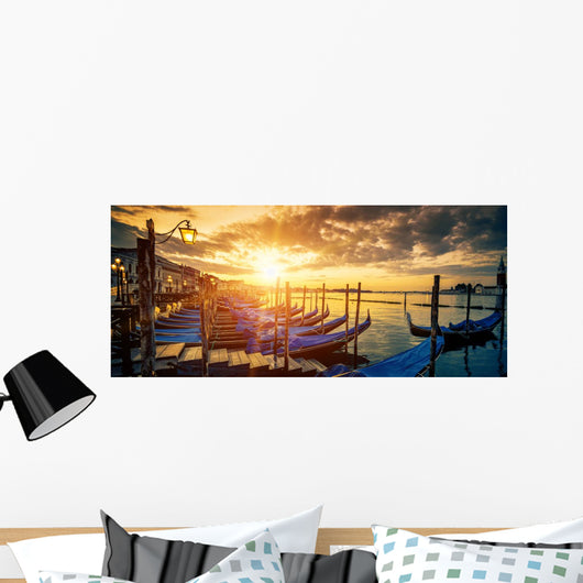 Panoramic view of Venice with gondolas at sunrise Wall Mural