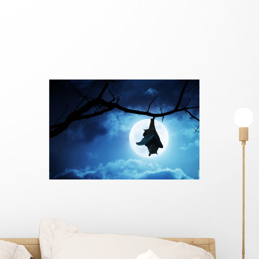 Creepy Halloween Bat Hangs Upside Down With Full Moon Wall Mural