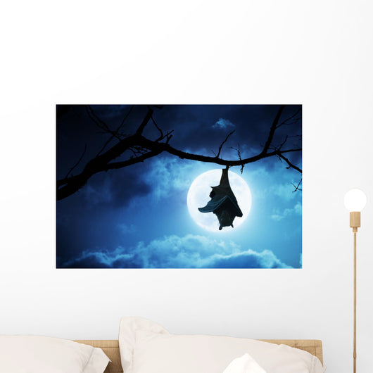 Creepy Halloween Bat Hangs Upside Down With Full Moon Wall Mural