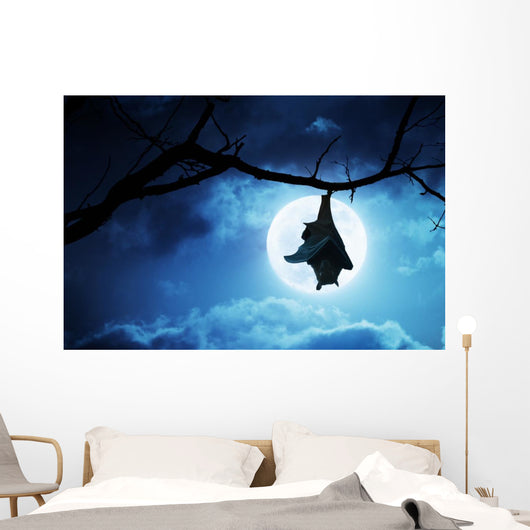 Creepy Halloween Bat Hangs Upside Down With Full Moon Wall Mural