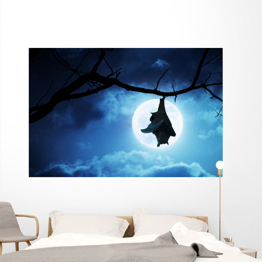 Creepy Halloween Bat Hangs Upside Down With Full Moon Wall Mural