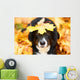 Black dog and maple leaf, autumn Wall Mural