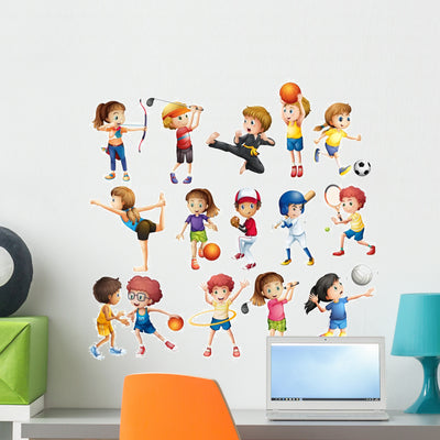 Kids Playing Sport Wall Stickers shown on a wall