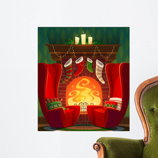 Fireplace. Christmas card Wall Mural