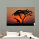 Silhouetted tree and giraffe against a red sunset Wall Mural