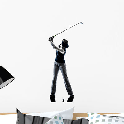 Woman Golfer Golfing Silhouette Wall Decal shown on a wall