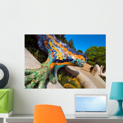 Mosaic Salamander Park Guell Wall Mural shown on a wall