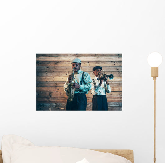 Two african american jazz musicians playing trumpet and saxophon Wall Mural