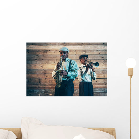 Two african american jazz musicians playing trumpet and saxophon Wall Mural