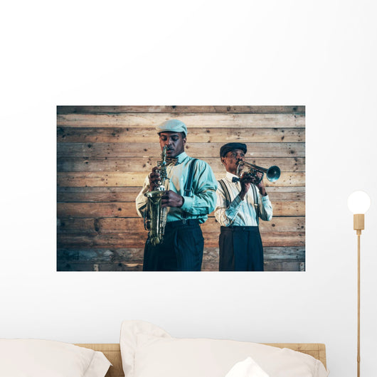 Two african american jazz musicians playing trumpet and saxophon Wall Mural