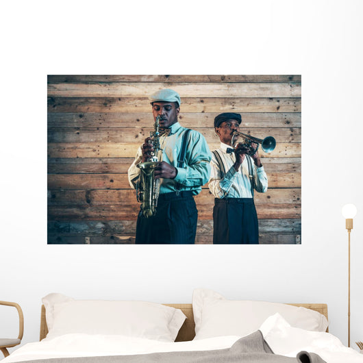 Two african american jazz musicians playing trumpet and saxophon Wall Mural
