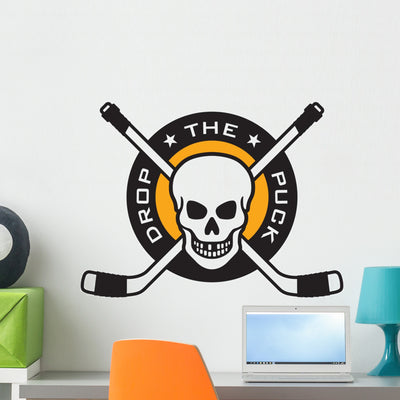 Hockey Emblem with Skull Wall Decal shown on a wall