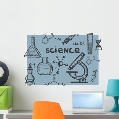 Chemistry and Science Concepts Wall Decal shown on a wall