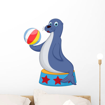 Cute Circus Seal Playing Wall Decal shown on a wall